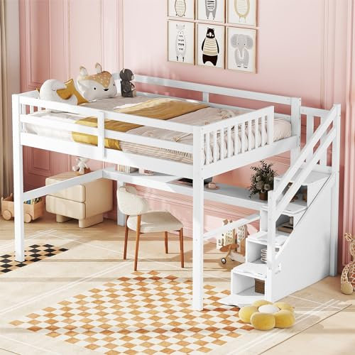 Zelquyx Lit Mezzanine, 140 x 200 cm, pour Enfant, avec tiroirs de Rangement et Bureau sous Le lit, Blanc