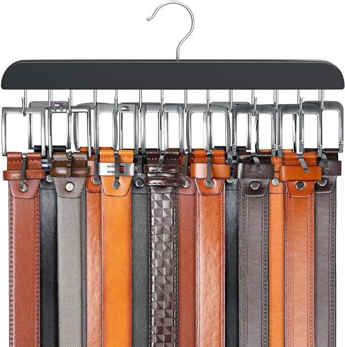 DIRXVMC Gürtelaufhänger für Schrank, max. 42 Gürtel, Gürtel-Organizer, Schrankzubehör mit 14 Haken, Gürtelablage, stabiles Holz, für Schrank-Organizer und Aufbewahrung