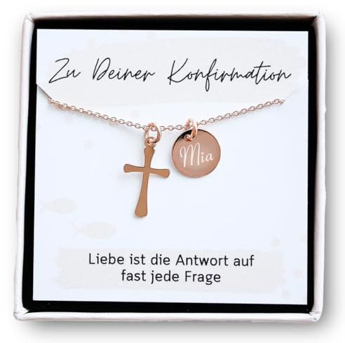 925er Silber Kreuz Halskette personalisiert als Geschenk zur Kommunion/Konfirmation/Taufe (925er Silber Rosé vergoldet)