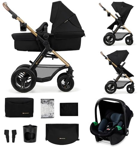 Kinderkraft MOOV2 AIR Kinderwagen 3 in 1 Kinderwagenset bis 26 kg mit Kindersitz I-SIZE 40-75 cm, Buggy Funktion, Liegeposition verstellbar, Große ausziehbare Verdeck, Aufblasbare Räder, Schwarz
