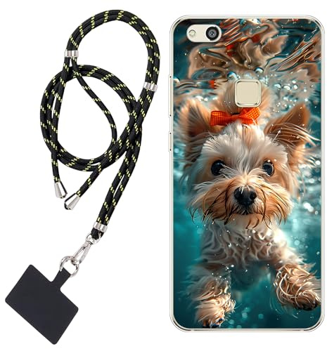 WUACYEAMING Hülle für Huawei P10 lite,Mode Chic Muster Ultra Dünn TPU Silikon Schutzhülle Slim Case Cover Schwimmender niedlicher Hund+1*Tragbares Universal-Lanyard