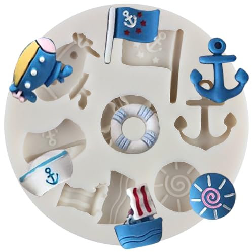 MINFEIDMS U-Boote Marine Ozean Thema Silikonform Anker Schiffe Rettungsringe Flaggen Fondant Form für Zucker Kuchen Dekorieren Cupcake Topper Gummi Paste Polymer Clay