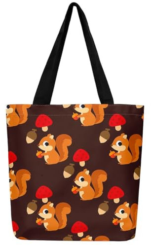 Eichhörnchen Leinwand Tasche Nette Cartoon Tier Eichhörnchen Einkaufstasche Herbst Ernte Thema Wiederverwendbare Lebensmitteltasche Herbst Dekor Pilz Kiefer Nuss Druck Einkaufstasche Thanksgiving Tag