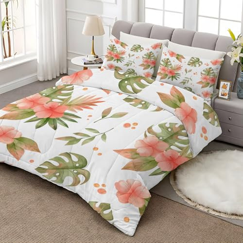Palmenblätter Bettdecke 135x200 4 Jahreszeiten, Ganzjahresdecke 135x200 Blumen, Bettdecke Ohne Bezug Nutzbar, Bettdecken Wende Waschbar mit Tropisch Muster, Warme Steppdecke Schlafdecke AE-532