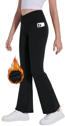 Desol Thermo Kreuzdesign Schlaghose Mädchen mit Taschen für Teenager Elastische Flared Leggings für Sport und Yoga Sporthose ideale Gymnastikhose und Jogginghose