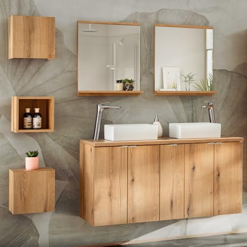 Lomadox Badezimmer Badmöbel Set 6-teilig, 140cm Doppelwaschtisch, in Eiche, geringe Tiefe (40cm)