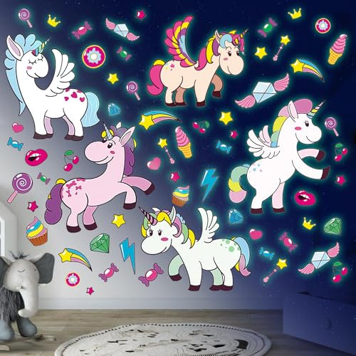 Einhorn Leuchtsticker Leuchtsterne Kinderzimmer Wandtattoo Leuchtend Wandaufkleber Leuchtaufkleber Selbstklebend Fluoreszierend Aufkleber Wanddeko für Mädchen Babyzimmer Deko Geschenke (Grün)