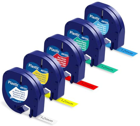 Aonomi Kompatibel mit Dymo LetraTag Etikettenband Kunststoff 12mm x 4m, kompatibel mit Dymo LT-100H, LT-110T, QX50, XR 2000 Beschriftungsgerät,Farbig 5 Schwarz auf Weiß/Gelb/Rot/Grün/Blau