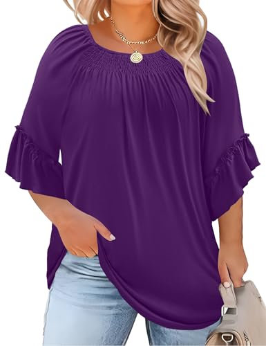 Micoson Camicetta da donna taglie forti a pieghe girocollo camicetta elegante casual alla moda tunica top (1X-5X), Viola, XX-Large