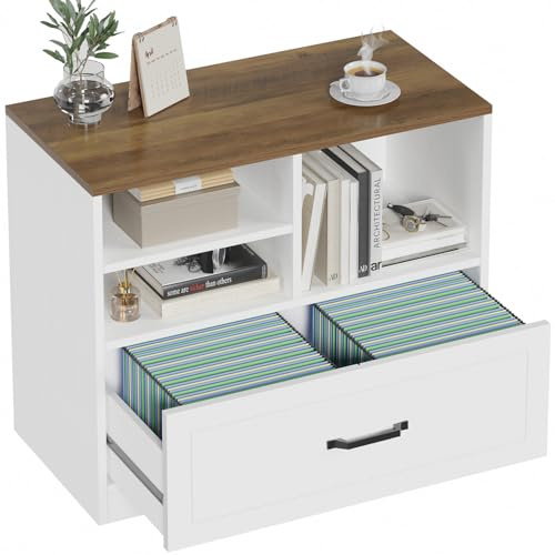 LVB Wood Lateral File Cabinet with Drawer, Wide Filing Cabinet for Letter/Legal/A4/F4 Size, Farmhouse Office Storage File Cabinets Printer Stand with Open Shelf in Home, White and Rustic Oak, 83 cm