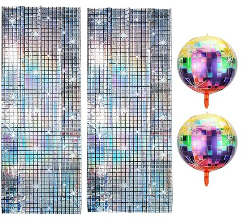 ZMDMAH 2 Stück 1 m x 2 m Metallic-Glitzervorhang und 4D-Disco-Kugeln in Silberfarben, 80er-Jahre-Dekoration