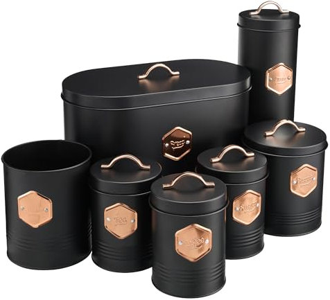 Cooks Professional 7 Piece Tea Coffee Sugar Bread Biscuit Pasta & Utensil Cannister Set | Labelled Storage Containers Tins with Airtight Lids for Kitchen Accessories & Essentials | Black & Copper