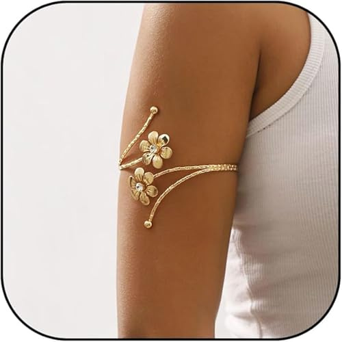 BelleVive Jonc Minimaliste Bijoux pour Femmes Bracelet Doré Haut du Bras Délicat Multicouche Papillon Fleur Or Bohème, Or, L