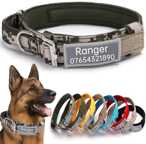 SEOUGEE Tactical Dog Collar Personalised with Handle, Soft Padded Dog Collars with Custom Reflective Name Patch, Adjustable Collars with Portable Buckle for Medium Large Dogs Training (Camo, XL)