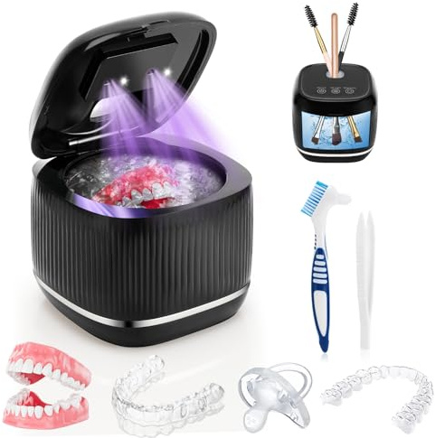 Pavlleen Pulitore Ultrasuoni, 45000Hz 25W Portatile Dental Pod, 225ml, Lampada UV Pulitore Ultrasuoni per Apparecchio Denti, Bite, Protesi dentali, Orologi, Anelli, Collane
