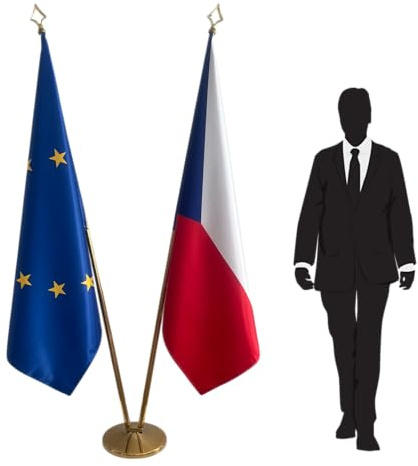 Offizielle Flagge Tschechien und Europäische Union mit Fahnenmast und Fuß, nationales Protokoll-Set für Botschaften, Konsulate, Ministerien, öffentliche Verwaltungen, CN8-EU-CZ-L