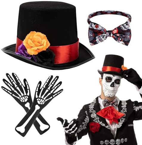 Kostümzubehör für Herren – 3-teiliges Halloween-Hut-Set, Rosen-Design, Tag der Toten, Cosplay-Kit, Kopfbedeckung für Erwachsene, Día De Muertos Festival-Zubehör, Verkleidung für Themenpartys
