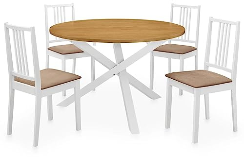 Hoopleep 5-TLG. Essgruppe MDF Weiß, runder Esstisch aus Gummiholz mit 4 bequemen Stühlen, modernes Set für Küche, Esszimmer und kleine Räume