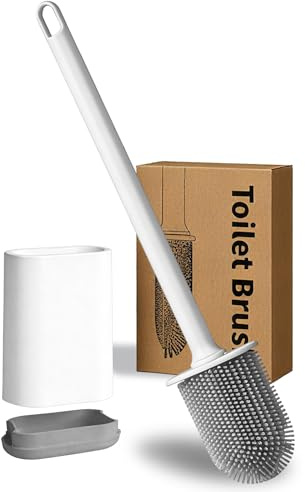 Wall-Mounted Toilet Brush and Holder with Flat Flexible Silcone Head – Durable and Flexible Bristles Bathroom Toilet Brush Set (White)