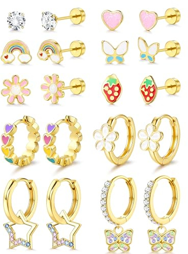 JeweBella 10 Paires Boucle d'Oreilles Enfant Fille Hypoallergéniques Boucle d'Oreille Acier Chirurgical Clous d'Oreille Creoles Or/Argent Cœur Fleur Papillon Boucles d'Oreilles Enfant Femme