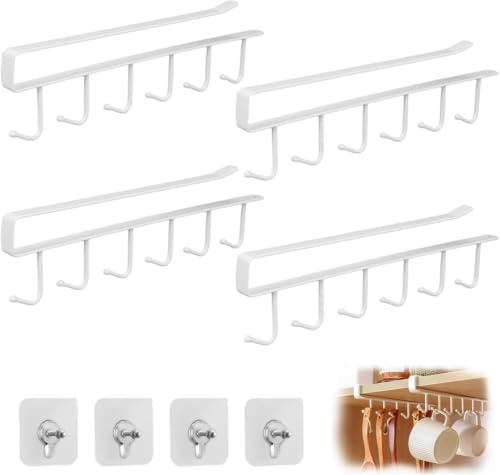 Dexpally 4 Stück Tassenhalter Schrank Tassen Aufhängung Ohne Bohren, Tassenhalter Regal Schrankeinsatz Weingläser Hakenhalter für Tassen, Becher, Weingläser(Weiß)