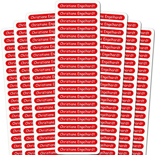 INDIGOS UG Namensaufkleber Kinder - 51x7 mm - 140 Stück Sticker für Kinder, Schule und Kindergarten - Stifte, Federmappe, Lineale - roter Hintergrund - individueller Aufdruck