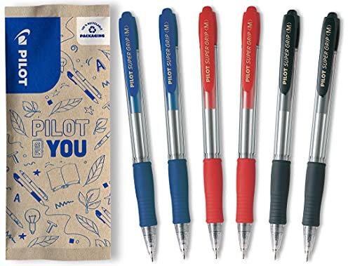 PILOT Super Grip, Kugelschreiber, 6er Set in M (Blau, Schwarz, Rot)