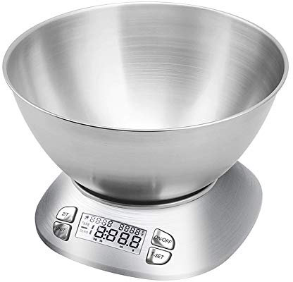 Balance de cuisine numérique avec bol amovible 2,5 L Volume, Balance électronique en acier inoxydable pour cuisiner la cuisson, température ambiante, minuterie d'alarme, 5,5 kg, piles incluses