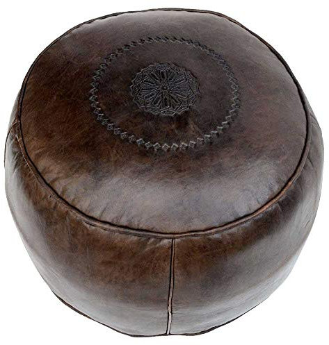 Orientalischer Pouf Rund Echtes Leder Dunkelbraun Sitzwüfel Sitzkissen Sitzpouf Hocker Sitzpuff Braun, 44x33 cm, inklusive Füllung, Marokkanisch Asiatisch Vintage-Design
