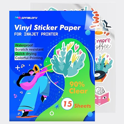 Papel adhesivo transparente para impresora de inyección de tinta, 15 hojas (8.5 x 11 pulgadas), papel adhesivo de vinilo translúcido impermeable imprimible para calcomanías personalizadas, mantiene la