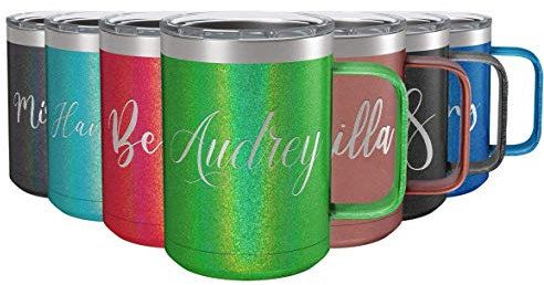 Tasse à café personnalisée de 425,2 g avec couvercle anti-éclaboussures vert émeraude pailleté gravé personnalisé Tasse cadeau Mug isotherme en acier inoxydable