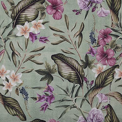 Kt KILOtela - Tessuto Canvas Cotone Stampato Digitale, Rivestire, Foderare, Divani, Tavolo, Sedia, Tende, Cuscini, Borse, 100 cm Lunghezza x 280 cm Altezza, Fiori Nacare, Verde, Lilla - 1 Metro