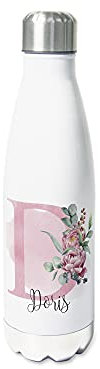 GRAZDesign Trinkflasche Edelstahl personalisiert Name, auslaufsicher Einschulung Geschenk, Thermosflasche Sportflasche Kinder/Erwachsene 500ml Pfingstrose und Eukalyptus