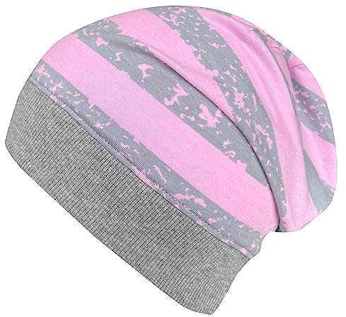 Wollhuhn ÖKO Leichte Mädchen/Jungen Beanie-Mütze Bündchen Elastisch Übergangszeit/Sommer Kinder-Mütze Baumwolle (Öko-Stoffe, Bio) 22222235 (Streifen Grau-Rosa breit, M)