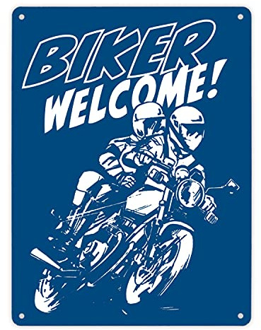 Biker Welcome Metallschild XL in 21x28 cm in Blau zum Thema Motorrad fahren und frei sein Schild Motorrad Aluschild Mofa Blechschild Moped Biker Welcome