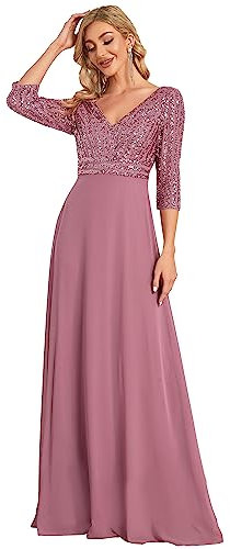 Ever-Pretty Abendkleid mit Pailletten, Langarm, Damen, A-Linie, V-Ausschnitt, Empire-Stil, elegant, 00751, orchidee, 46