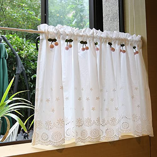 A.Monamour Tenda Corta per Finestra Piccola Pizzo Bianco Ricamo Fiore Di Cotone Con Decoro Ciliegia Opaco Tendina Tenda da Cucina Bistrot Caffè Mezza Tenda Mantovana Tenda a Vetro Tenda a Pannello