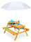 Relaxdays Table de Jardin pour Enfants, en Bois, bacs pour Jouer avec l Eau et Le Sable, Parasol Inclus, Orange