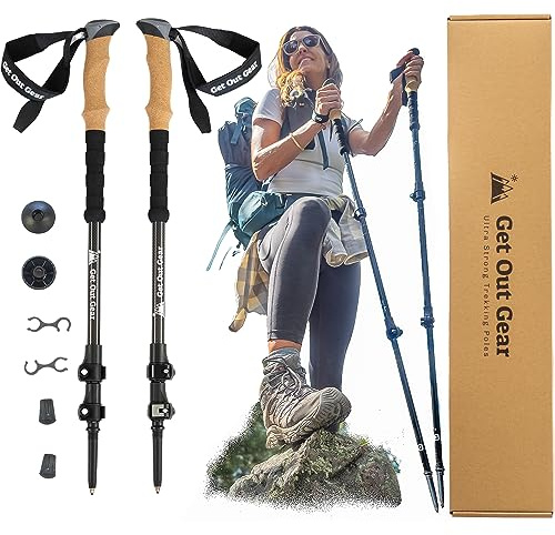 Get Out Gear | Ultrastarke Kohlefaser Trekkingstöcke | Wanderstöcke, Trekkingstöcke, Nordic Walking Stöcke | Natürliche Holztöne, Zusammenklappbares, leichtes Teleskop