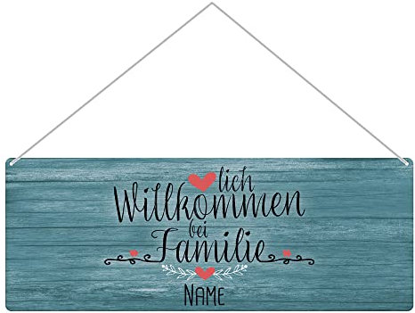 PR Print Royal Haustürschild mit Name - Herzlich Willkommen bei Familie - Metallschild mit Familienname Personalisieren, Outdoorschild aus Aluminium | Wetterfest, 24x9 cm