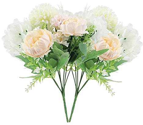 CYUaoao 2 Bündeln Blumensträuße Künstliche Blumen Set Wie Echt Seidenblumen Hortensien Pfingstrose Unechte Blumen Deko für Zimmer Restaurant Party Hochzeit Weiß Rosa Champagner