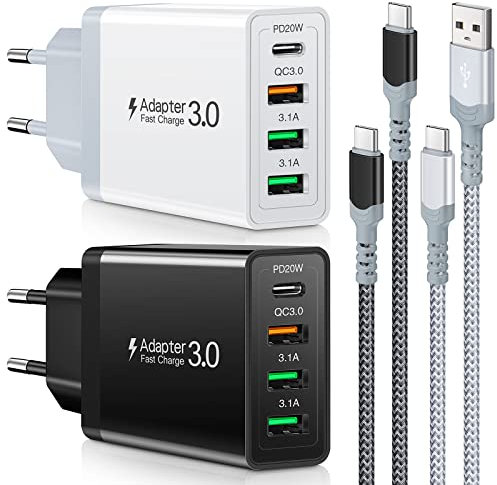 2 Stück 35W USB C Ladegerät [4-Port Upgrade],Acezeek Schnellladegerät USB Stecker mit Wandladegerät mit 2 Stück 6.6Ft 60W USB C Ladekabel kompatibel für Samsung,LG,Google Pixel 6 Tablet(Schwarz&Weiß)