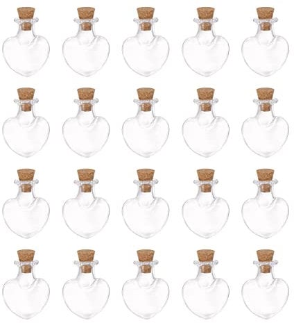 sourcing map 20pcs Mini Glass Bottles with Cork Stoppers Peach Heart Shaped Tiny Glass Jars Small Vials Clear Wishing Bottles for DIY Art Crafts Party Decoration