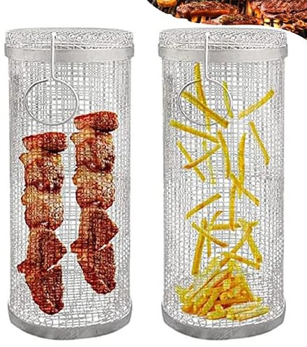 Taicols Cestino per Barbecue, per Grigliare Verdure, CarneCilindro BBQ Grill Basket, Accessori per Barbecue Cestello per Grigliate, Cestini per Griglia, Acciaio INOX, Campeggio Essentials (2 pezzi))