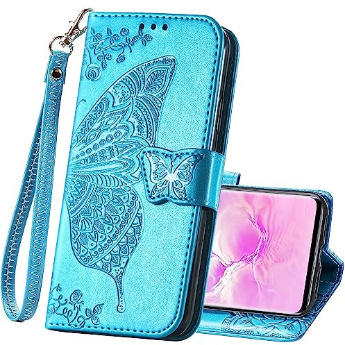 Schutzhülle für Samsung Galaxy S10e, Klapphülle, PU-Leder, Handschlaufe, Kartenfächer, Tasche, Prägung, Schmetterling, Blume, Ständer, Klapphülle für Samsung Galaxy S10e, Blau