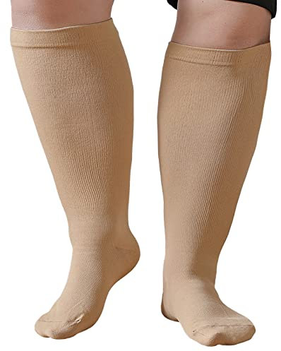 ZFSOCK Bas de Contention Femme Homme: Chaussettes de Contention Compression Grande Taille Gros Mollet 20-30mmhg pour Infirmiere Running Sport Voyage Grossesse S-M Beige 1 Paire