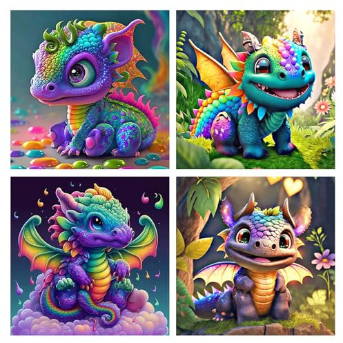 KiKiHong 4 Stück Diamond Painting Drachen Erwachsene 5D Drache Diamond Painting Set DIY Diamond Painting Bilder Geeignet für Anfänger zur Wanddekoration zu Hause(30 * 30cm