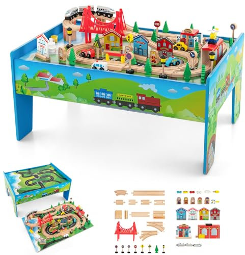 RELAX4LIFE Tavolo Attività in Legno per Bambini con Binari e Treno, da 84/80 Pezzi, Piano Reversibile e Rimovibile, Cassetto per Ragazzi e Ragazze (Blu, 80 Pezzi)