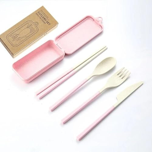 Cutlery Set 4Pcs Wheat Straw Dinnerware Set Portable Travel Cutlery Knife Fork Spoon Chopsticks Set 2Set Pink