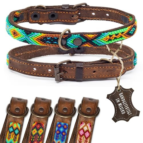 ALTEZAR Lederhalsband Hund - Doppelt Tribal Bestickt Grün Braun - Hochwertig verarbeitetes Hundehalsband Leder - Handgemacht in Mexiko - Größe XS - Halsband Hund für sehr kleine Hunde Leder breit
